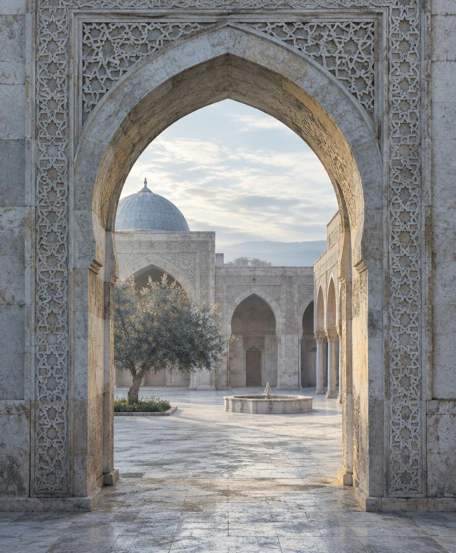 A carved stone archway opening onto a quiet courtyard