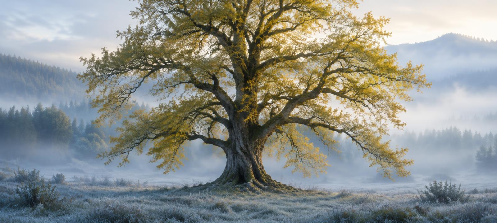 An ancient tree spreading golden branches in a cool, misty landscape